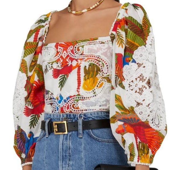 NEW Farm Rio Forest Birds Smocked Embroidered Blouse size M #833 - Picture 3 of 8